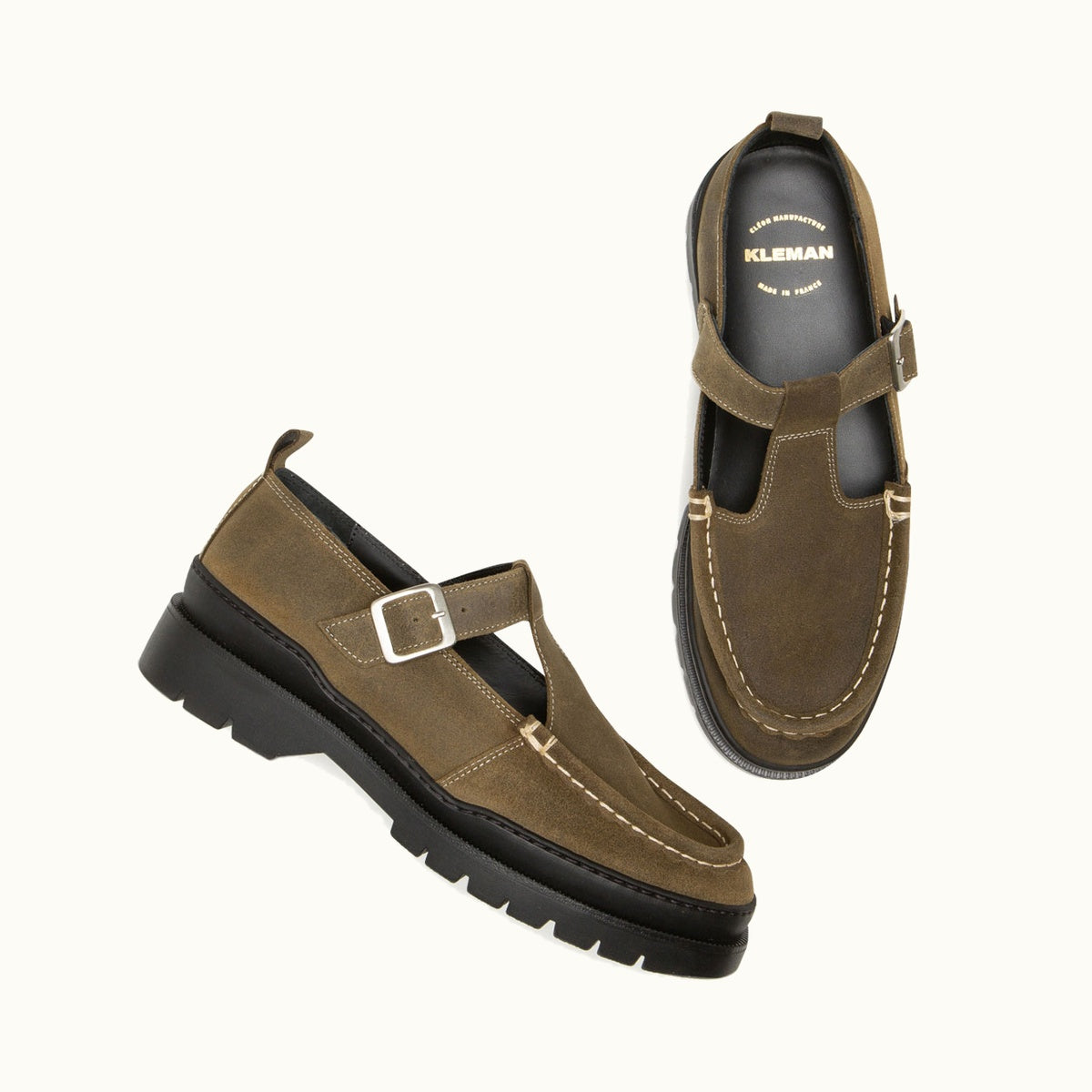 T-Bar Shoes in Waxed Suede RADE EC Khaki | KLEMAN – Kleman